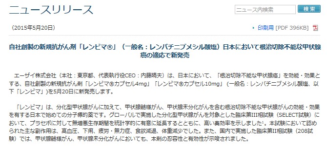 甲状腺がん対象　分子標的薬レンバチニブ発売