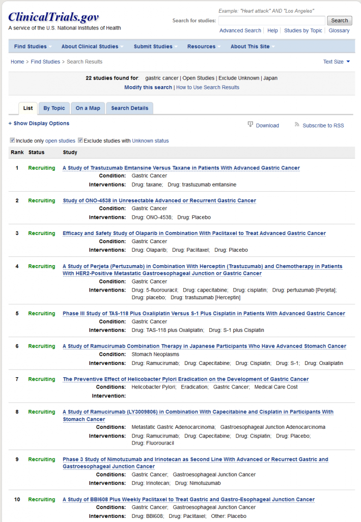 Search of- gastric cancer  Open Studies  Exclude Unknown  Japan - List Results - ClinicalTrials.gov