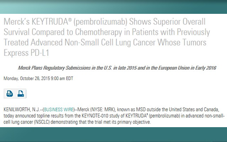 PD-L1発現 進行非小細胞肺がん ペムブロリズマブ（キイトルーダ）が生存期間も延長