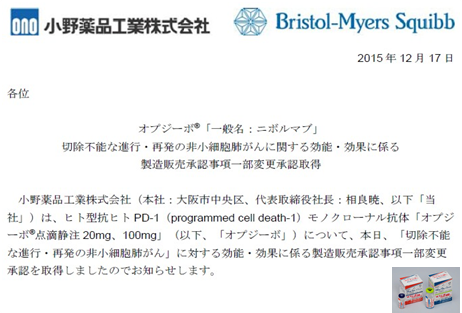 切除不能な進行・再発非小細胞肺がん　免疫チェックポイント阻害薬オプジーボ　承認