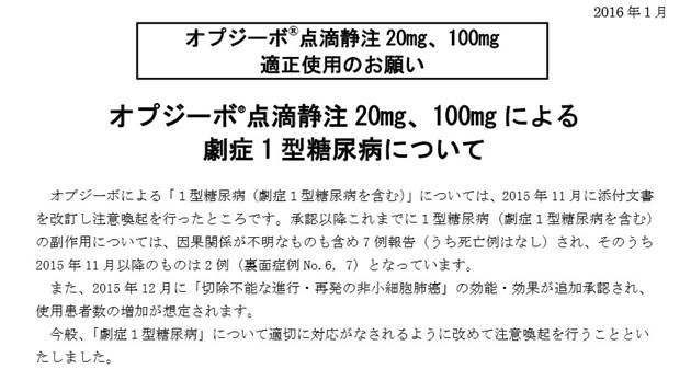 オプジーボ ® 点滴静注 20mg 、100mg による 劇症1型糖尿病について