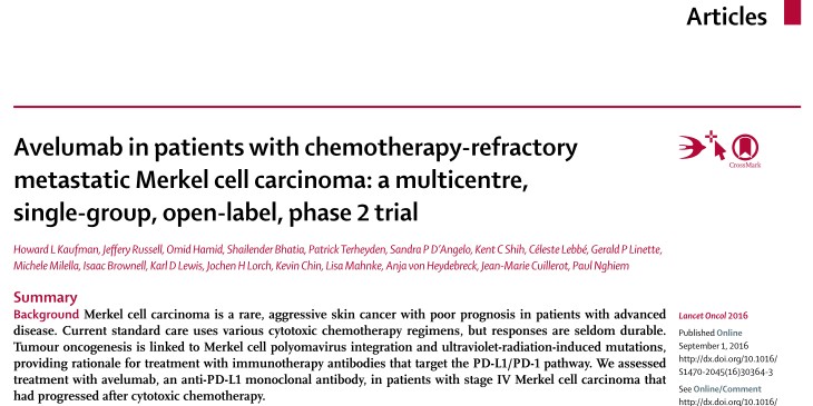 免疫チェックポイント阻害薬アベルマブ(バベンチオ)がメルケル細胞がん患者の約3割に持続奏効 Lancet Oncol