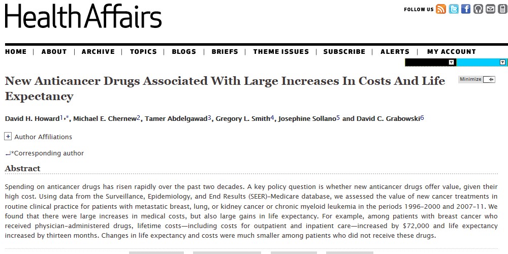 新規抗がん剤によるコストの増加と余命の延長～10年前より727万円コスト増、13カ月余命延長～ Health Affairs