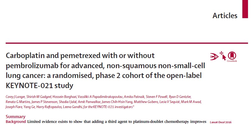 非小細胞肺がん初回治療 キイトルーダと化学療法の併用で奏効率55% Lancet Oncol