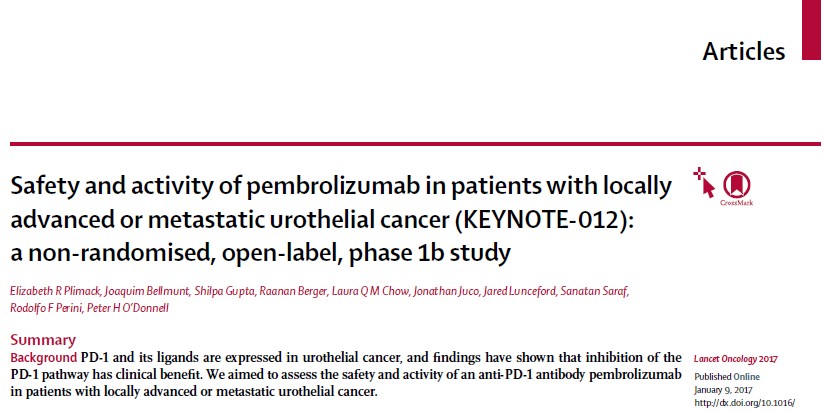 膀胱がん　免疫チェックポイント阻害薬キイトルーダの第1相試験KEYNOTE-012　Lancet Oncol