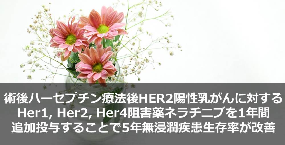 術後ハーセプチン療法後HER2陽性乳がんに対するHer1, Her2, Her4阻害薬ネラチニブを1年間追加投与することで5年無浸潤疾患生存率が改善